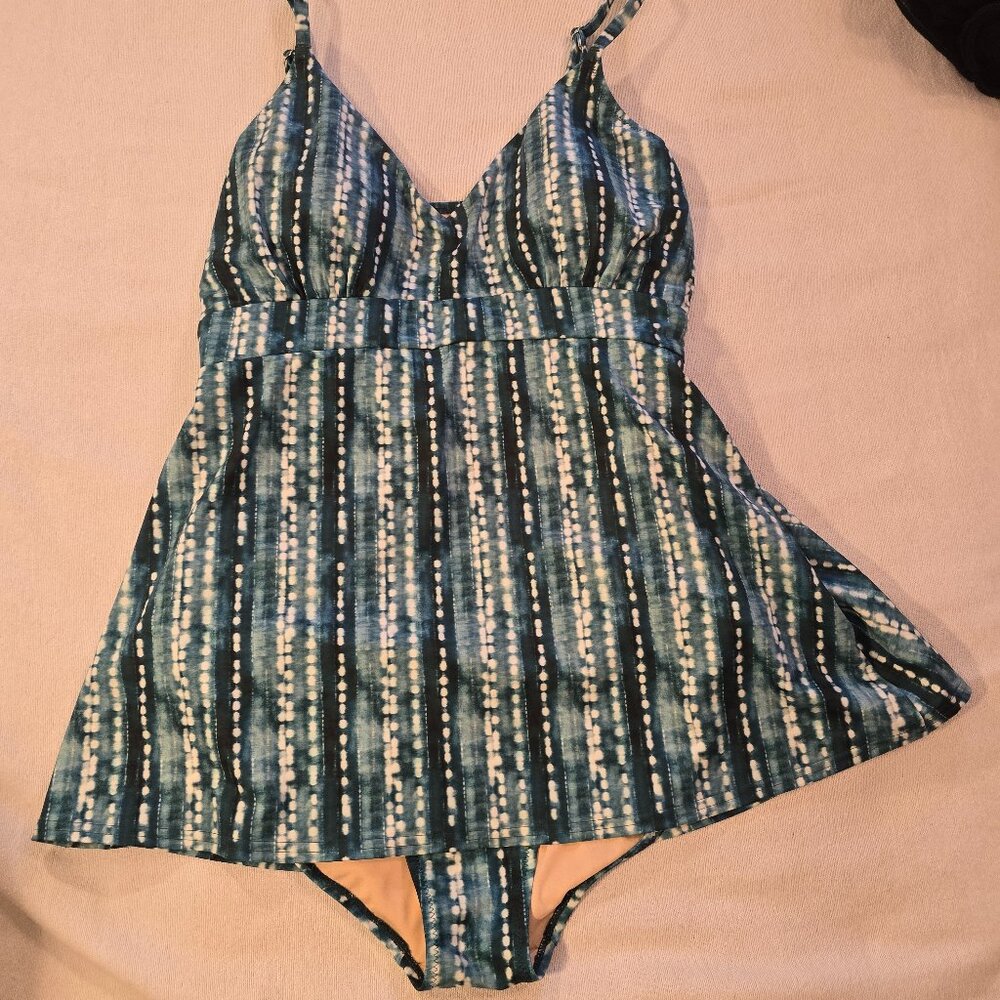 Garnet Hill Blue White Tie Dye Swim Dress One Piece Swimsuit Sz 14 L GUC Pretty!